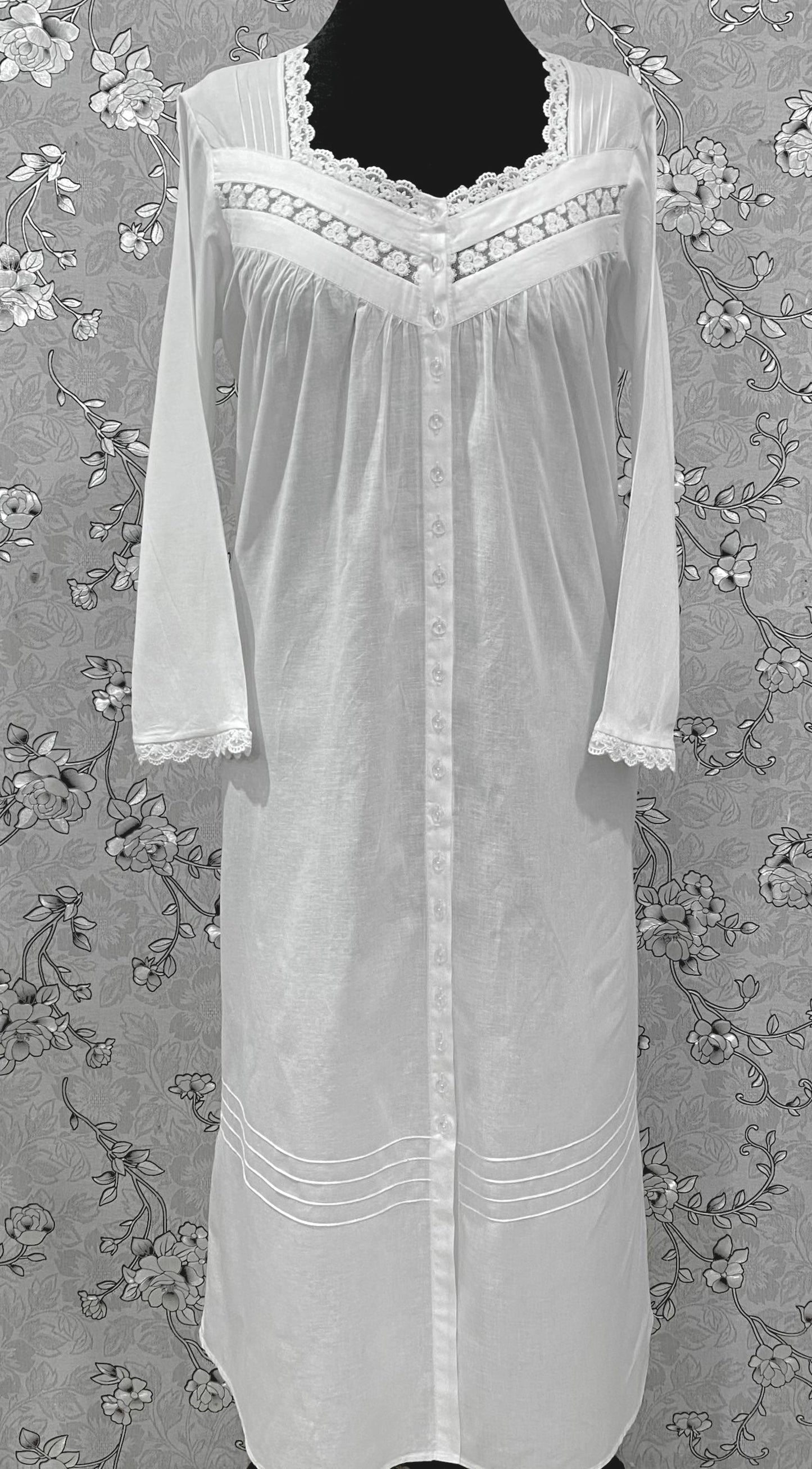 SoieRose Victorian Cotton Nightgown – Long Sleeve Button-Front Nightdress with Lace Trim & Vintage SR-1226