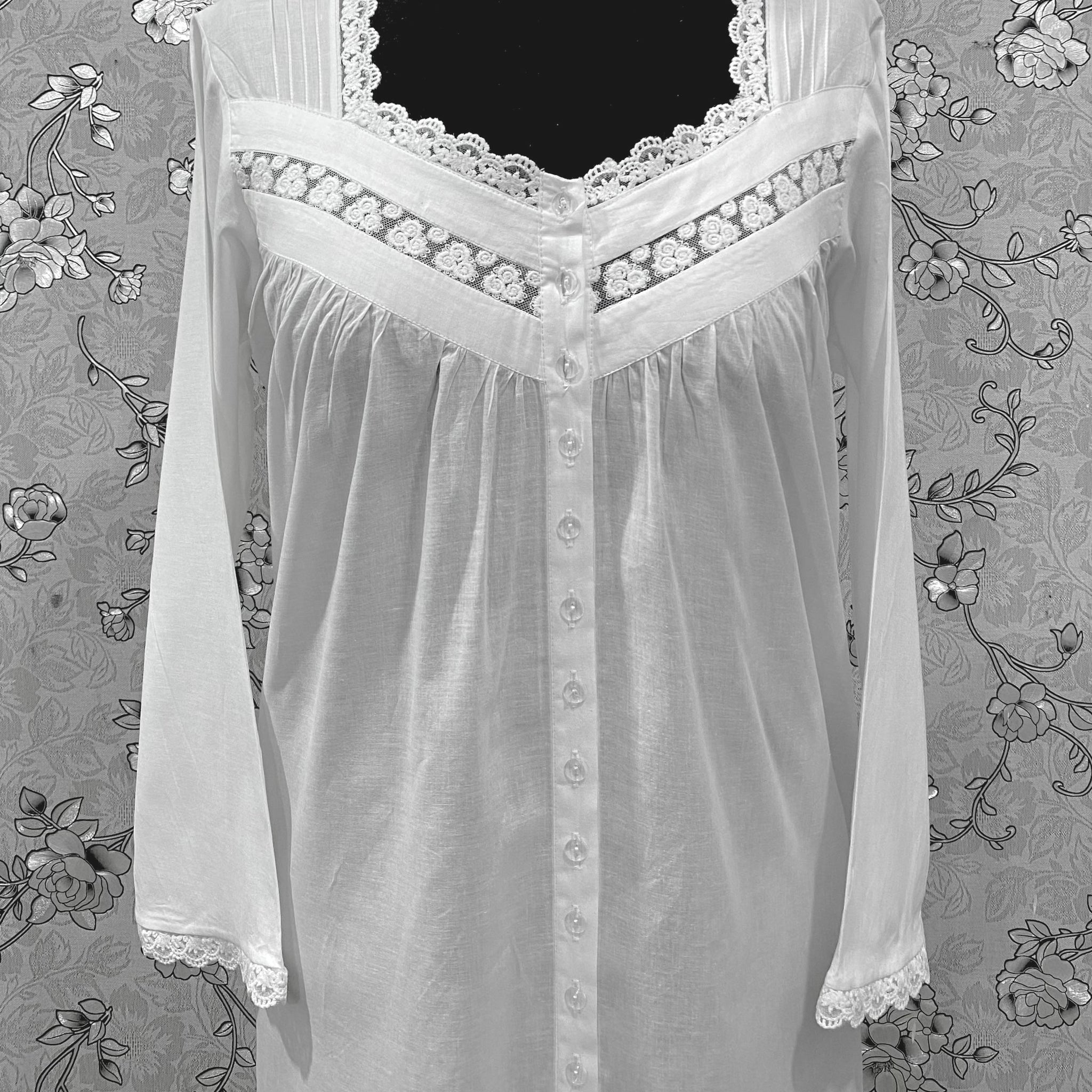 SoieRose Victorian Cotton Nightgown – Long Sleeve Button-Front Nightdress with Lace Trim & Vintage SR-1226