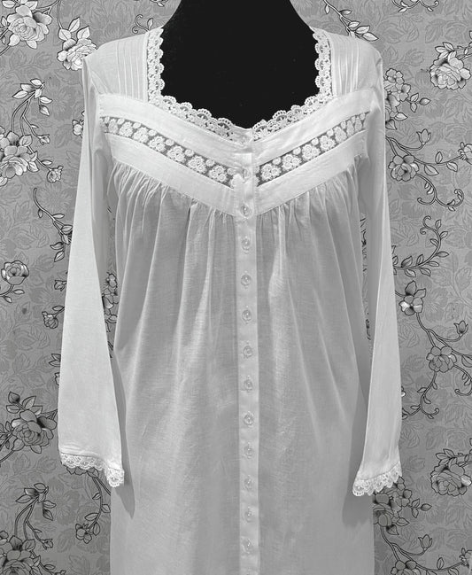 SoieRose Victorian Cotton Nightgown – Long Sleeve Button-Front Nightdress with Lace Trim & Vintage SR-1226