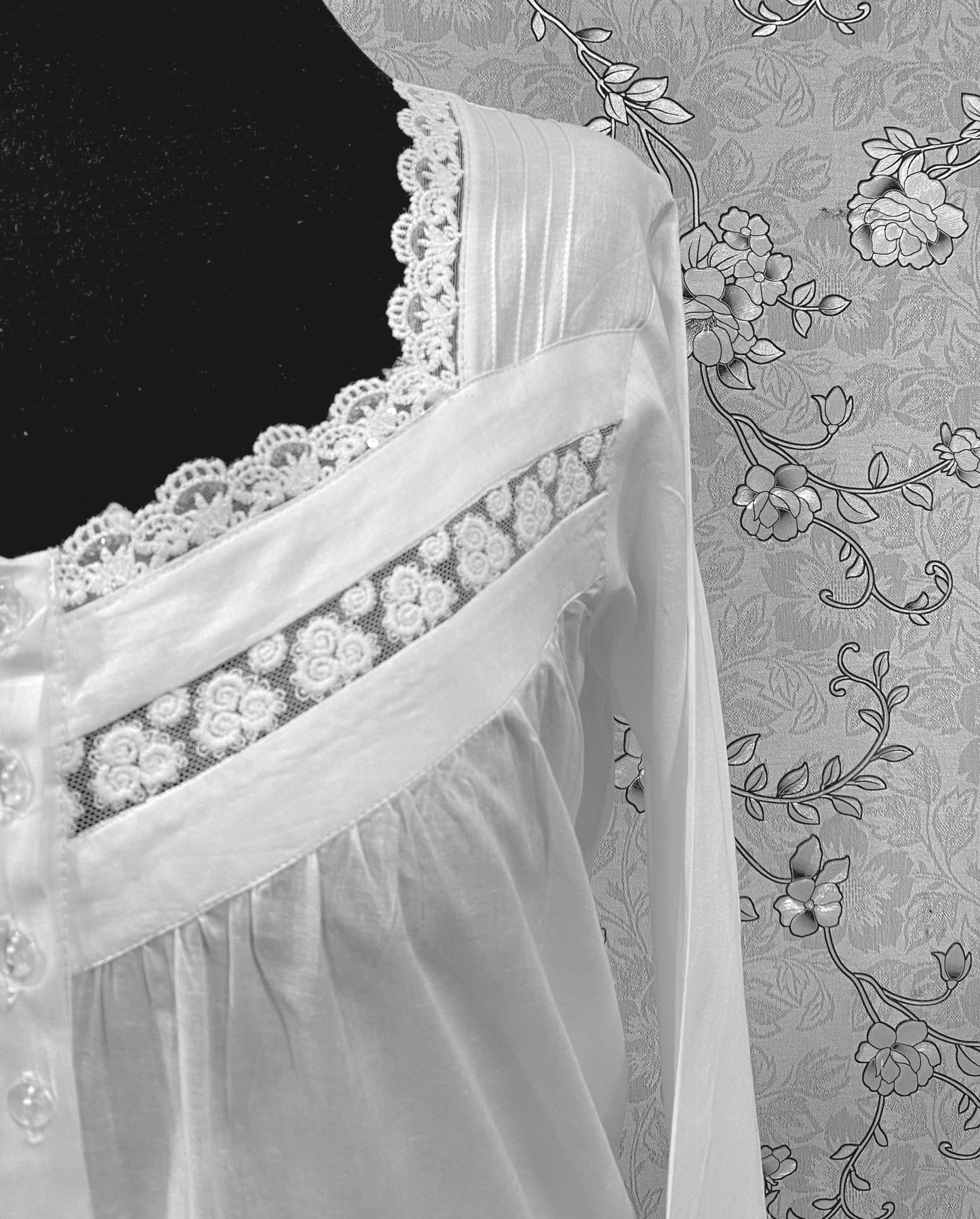 SoieRose Victorian Cotton Nightgown – Long Sleeve Button-Front Nightdress with Lace Trim & Vintage SR-1226