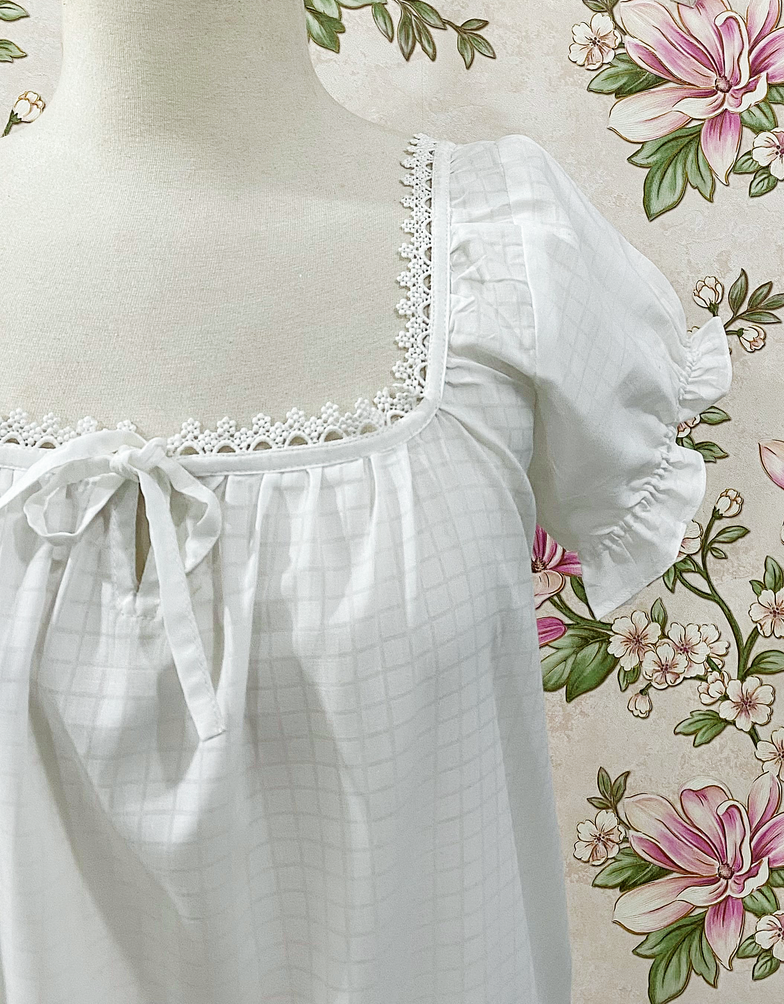 White Cotton Prairie Puff Sleeve Victorian Nightgown for Women - SoieRose SR-1311