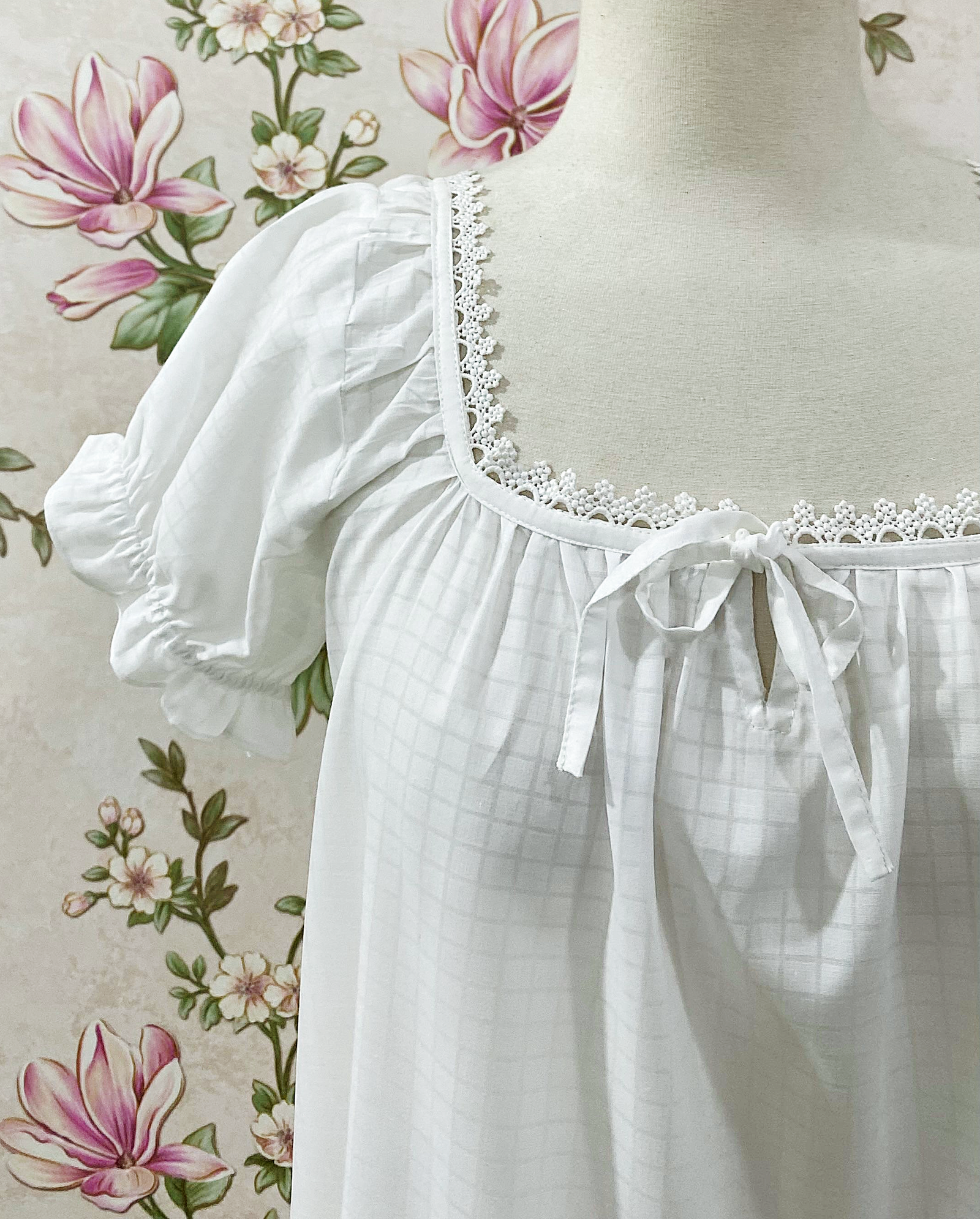 White Cotton Prairie Puff Sleeve Victorian Nightgown for Women - SoieRose SR-1311