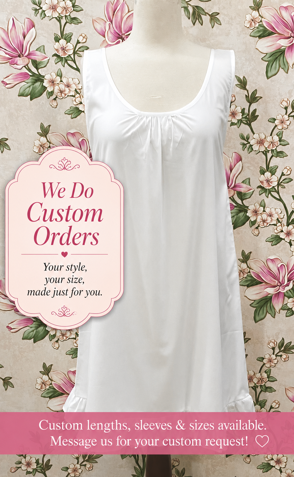 SoieRose White Cotton Matching Slip Nightgown | Victorian Underdress | Modesty Lining Slip | Ruffle Hem Cotton Chemise | Layering Slip Dress